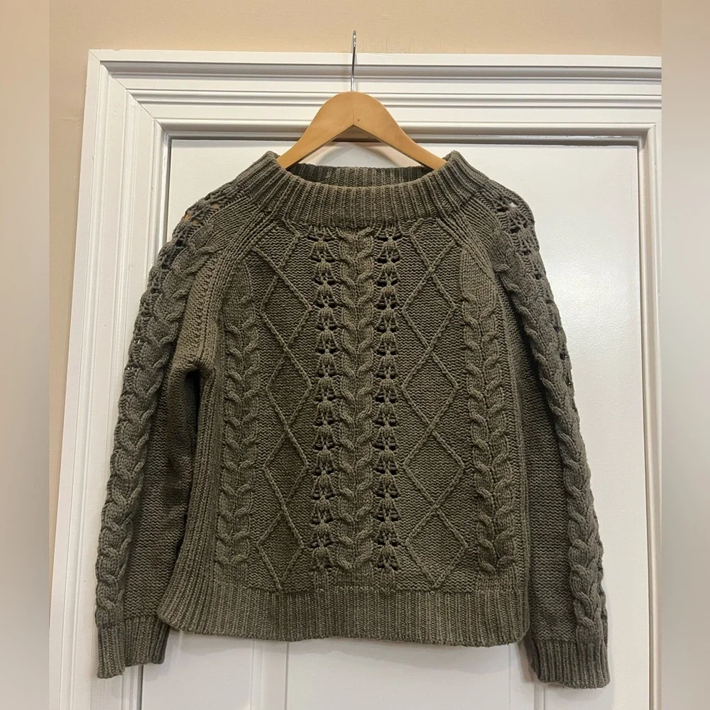 J. Crew Olive Green Cable Knit Crewneck Sweater